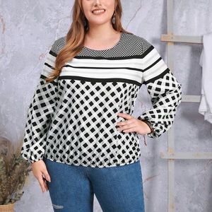 Women’s Plaid & Polka Dot Bishop Sleeve Top